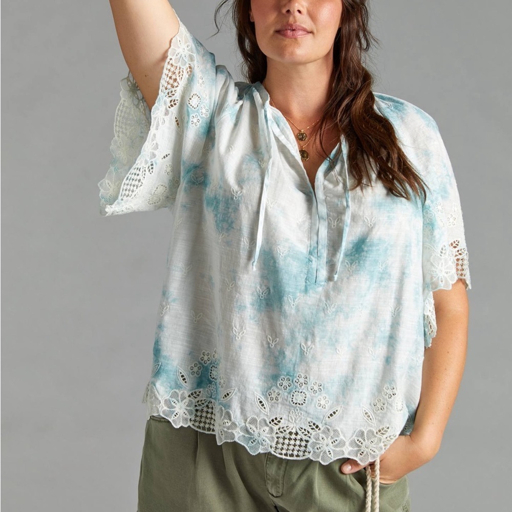 Anthropologie Light Blue Tie-Dye Eyelet Lace Blouse